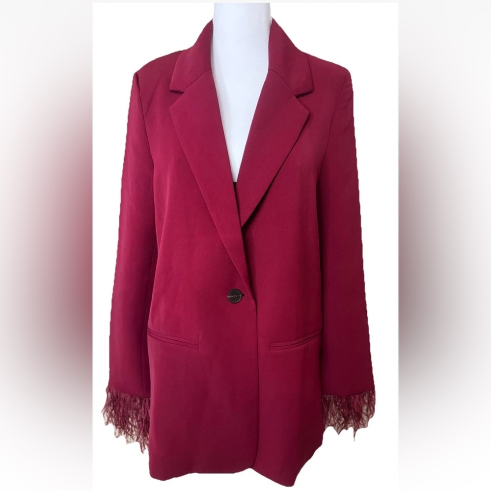💕NWT Wayf Women's Dark Red Blazer with Feather Accent Cuffs